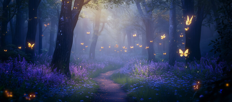 A fantasy forest with glowing elements, butterflies, and a trail