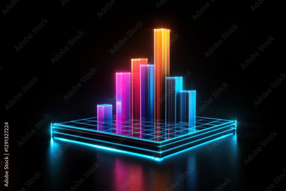 Aufkleber a vibrant neon bar graph rises against a dark surface, symbolizing growth in technology and trade, h