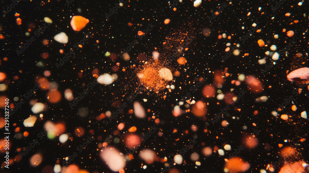 Poster Dynamic mix of drifting multicolored spices on black background for culinary design