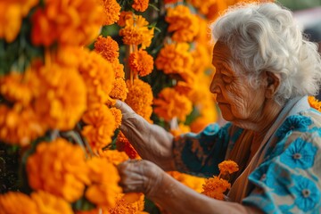 An elderly woman carefully arranges vibrant orange marigold flowers.