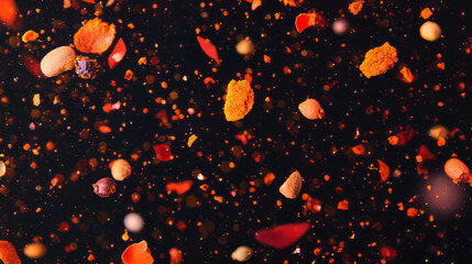 Vibrant background of drifting multicolored spice mix for culinary design