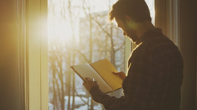 Hypertension patient journaling by a window with sunlight. Featuring mindfulness and relaxation