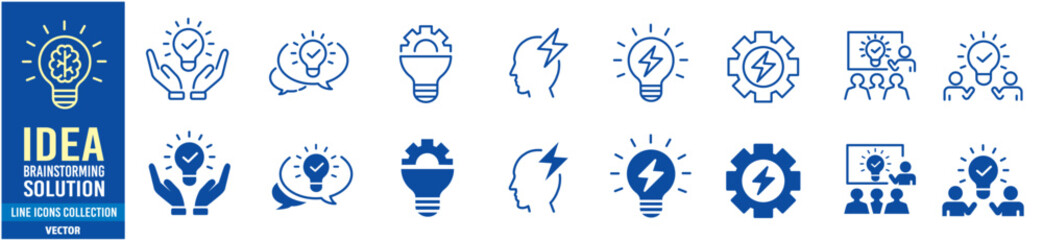 Idea icon set. Creative, business, solution, brainstorming, innovation, Lightbulb, brain, meeting, thinking and management. Editable stroke icons collection vector illustration. 