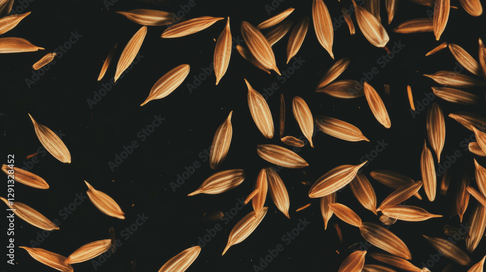 Poster drifting white cumin seeds on dark background for spice and cooking design