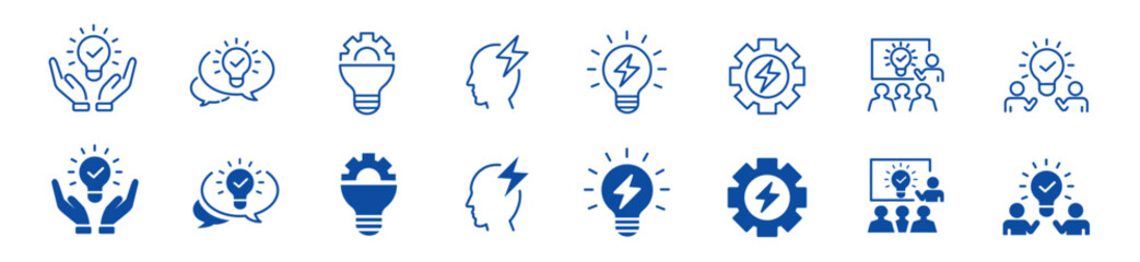 Idea icon set. Creative, business, solution, brainstorming, innovation, Lightbulb, brain, meeting, thinking and management. Editable stroke icons collection vector illustration. 