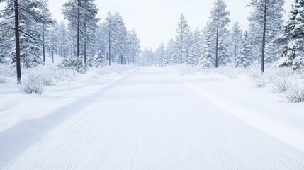 Fototapeta premium Snowy Forest Path, Winter Wonderland, Tranquil Scene, Perfect for Backgrounds