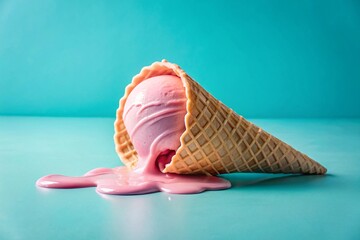 Pink ice cream melting and spilling from the waffle cone on pastel blue background. Minimalistic summer food concept.