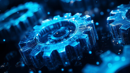Blue gears with holographic networking and copy space on a black background