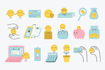 Cute kawaii  icons of finance and money for  investing and economic education