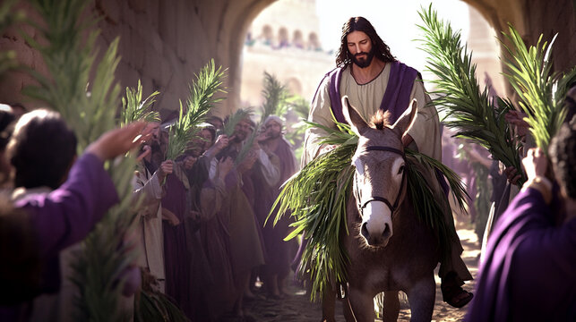 Serene Depiction of Palm Sunday Celebration With Jesus Entering Jerusalem on a Donkey