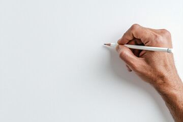 Hand holding a pencil poised to create on a blank white canvas in a focused artistic moment