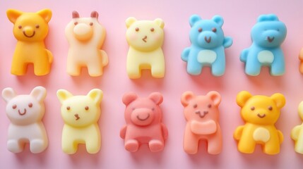 Obraz premium Kid-friendly marzipan sweets, shaped into fun animals, set against a cheerful pastel-colored background