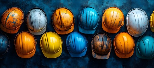 Assorted colorful hard hats piled on a surface. Workplace safety theme,
