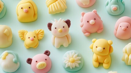 Obraz premium Kid-friendly marzipan sweets, shaped into fun animals, set against a cheerful pastel-colored background