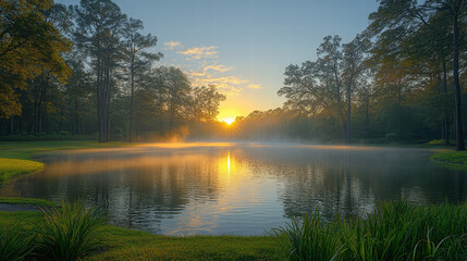 Obraz premium serene park at sunrise with mist hovering over lake, surrounded by trees and lush greenery, creating peaceful atmosphere