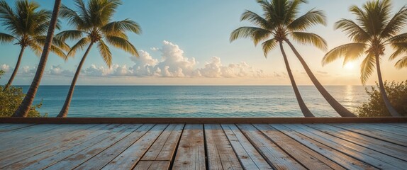 Ocean view from a wooden deck surrounded by palm trees under a clear sky during sunrise.