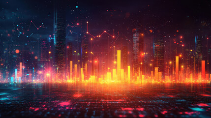 Fototapeta premium vibrant city skyline with glowing data visualizations and upward trends, symbolizing growth and investment opportunities in digital world