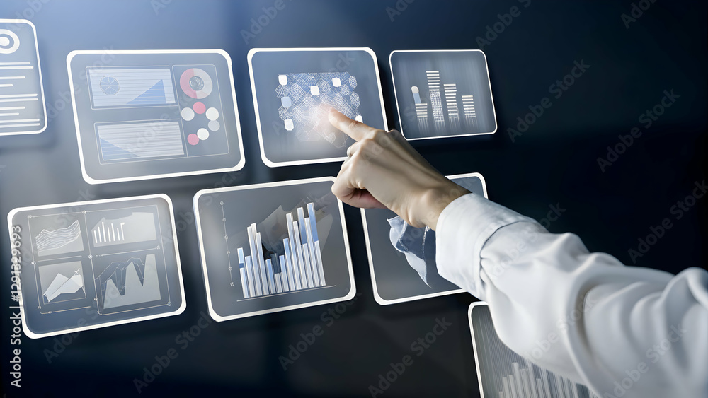 Aufkleber hand interacting with holographic display showing investment real estate trends in empty space conce