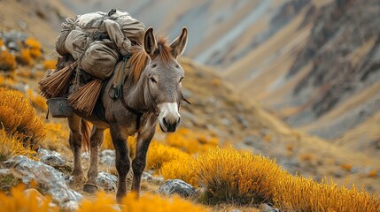 A majestic donkey carrying heavy loads through a vibrant landscape of golden flowers in a remote mountainous area