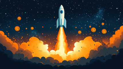 Fototapeta premium Dynamic investment illustrating rocket launching with coins, symbolizing financial growth and opportunity in vibrant cosmic background