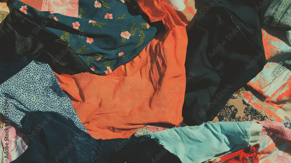 Poster colorful fabric scraps and textures background for creative design projects
