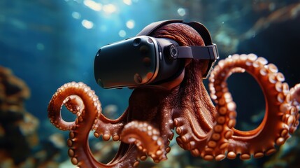 This imaginative image features an octopus wearing a VR headset, exploring an underwater world, blending technology and nature in a captivating manner.