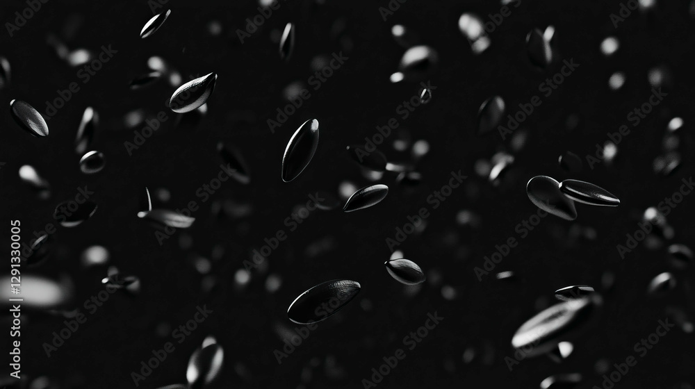 Poster dynamic background of falling black sesame seeds for culinary and design inspiration
