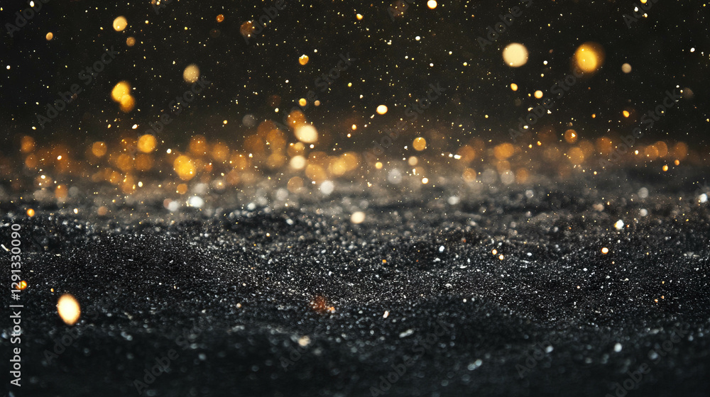 Poster mystical background of falling black volcanic sand with glowing particles in motion