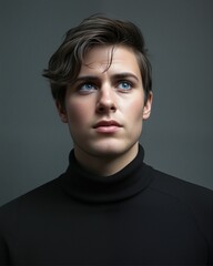 Fototapeta premium A close-up portrait of a young man with striking blue eyes, wearing a black turtleneck, gazing thoughtfully upwards against a neutral background.