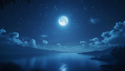 Naklejka premium Glowing blue moon and cloud scape