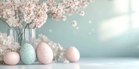 Obraz premium 3d background minimalistic mockup with space for text, soft-focus floral arrangement surrounding elegant pastel Easter eggs