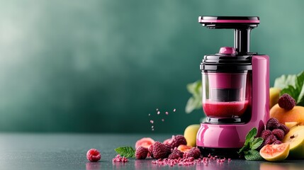 A striking image of a vibrant juice maker, surrounded by a variety of fresh fruits like raspberries...