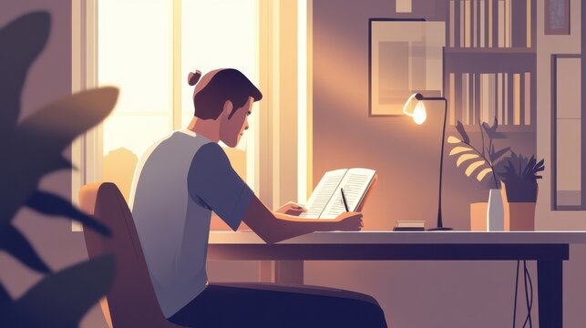 Hypertension patient journaling in a quiet, minimalist bedroom. Featuring self-care and mindfulness