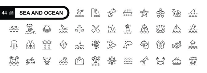 Sea and ocean line editable stroke icon set. Vector illustration.