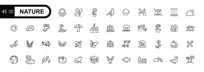 Nature line editable stroke icons related to sun, sea, forest and mountain collection. Simple vector illustration.