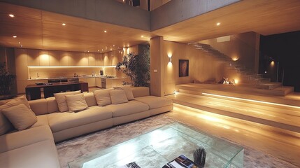 Fototapeta premium Modern and stylish living room with an open kitchen and elegantly designed staircase in a luxurious home environment