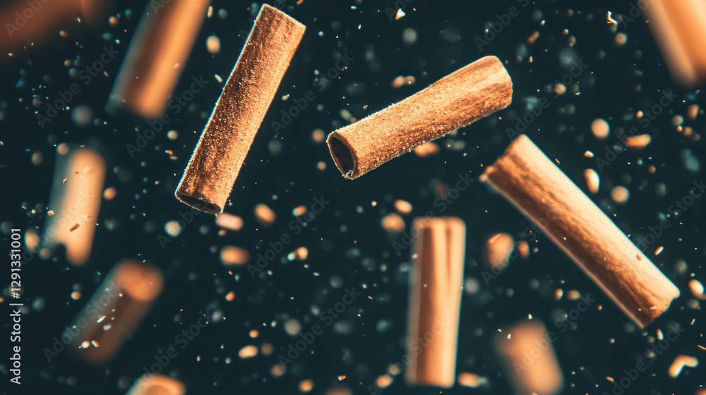Aufkleber aromatic cinnamon sticks falling against dark background for culinary and spice concepts