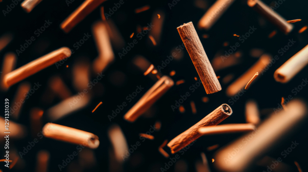 Aufkleber falling cinnamon sticks background for aromatic spice concept and design