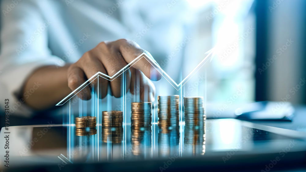 Poster hand engaging with holographic investment management services interface: explore service options in 