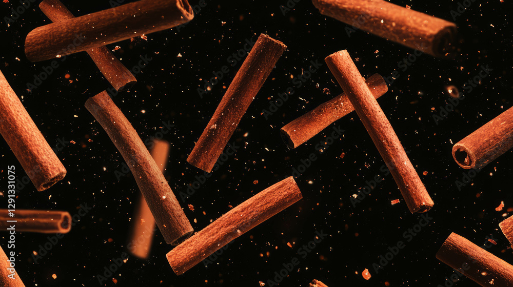 Poster falling cinnamon sticks against dark background for spice and flavor concepts