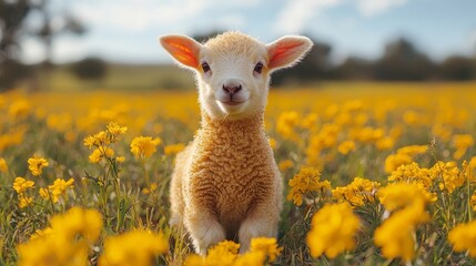 Fototapeta premium Adorable young lamb standing in a vibrant field of yellow flowers beneath a bright blue sky on a sunny day