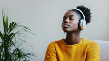 Hypertension patient listening to calming music with headphones. Featuring relaxation and stress relief