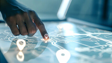 Hand interacting with holographic map showcasing top family trip destinations with empty space background concept as A hand navigating holographic map highlighting popular family trip destinations sho