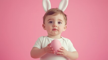 Fototapeta premium Cute little boy with bunny ears holding Easter egg on color background.