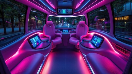 Futuristic self-driving car interior showcasing advanced technology and vibrant neon lighting on a city street