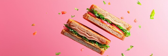 3d background minimalistic mockup with space for text flying club sandwich with aioli drizzle on bright salmon pink