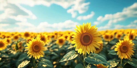 Fototapeta premium 3d background minimalistic mockup with space for text, bright sunflower field stretching towards the horizon