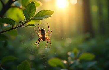 A tiny spider with a web between leaves in a forest with the sun casting golden light.