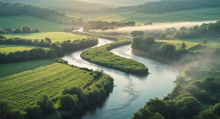 Fototapeta premium Scenic river flowing through lush green fields countryside aerial view nature's beauty