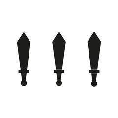 Three sword icons. Medieval weapon silhouette. Sharp blade symbol. Black white vector.